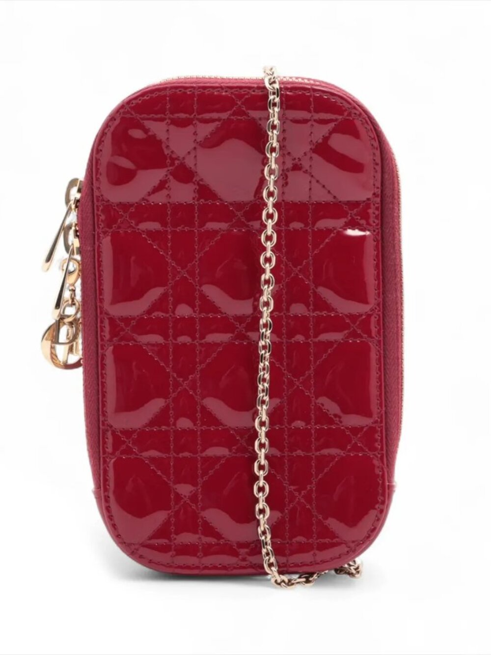 Christian Dior Cannage Phone Holder Patent Leather Chain Shoulder Bag Red